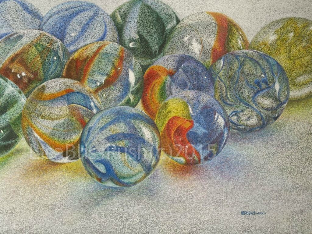 marbles,colorful, glimmers, glass, prismacolor, polychromos